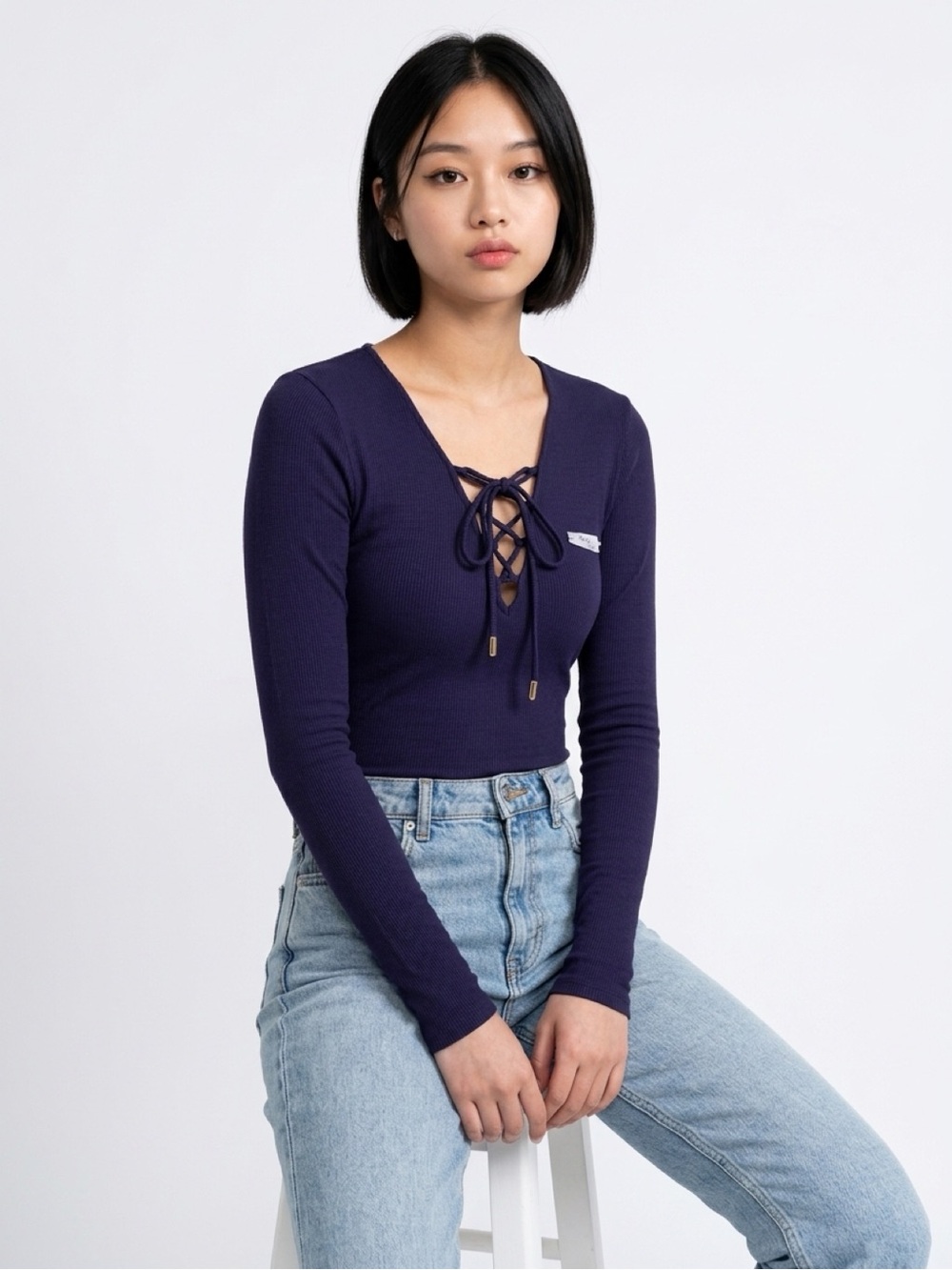 GUESS Navy Lace-Up V‑Neck Long Sleeve Bodysuit